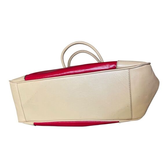 Trina Turk Red Tan Leather Canvas Tote Bag Top Preppy Casual Classic - Picture 11 of 16